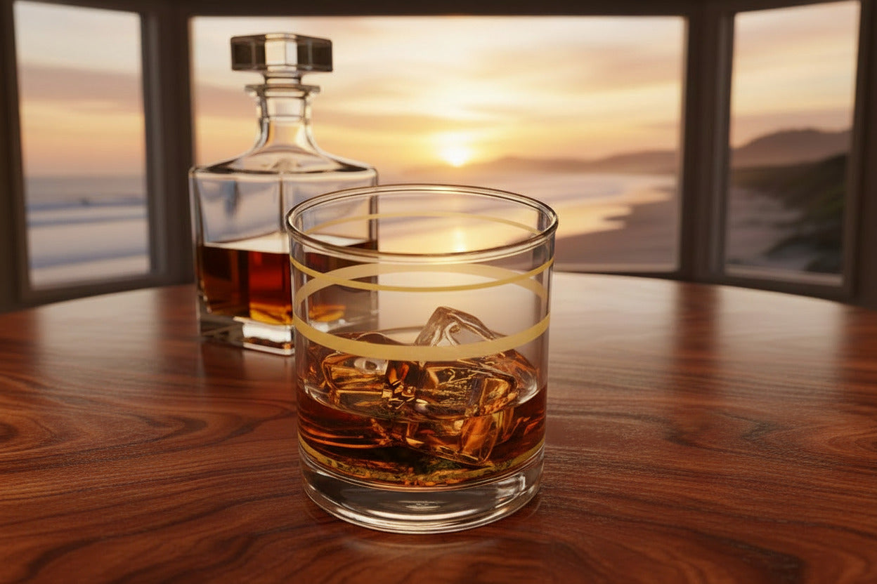 Glass of whiskey with ice on a wooden table,  a classic whiskey carafe to the left and slightly behind the glass. 
sunset through windows in the background